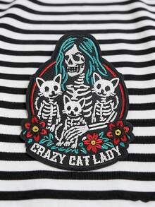 1pc Gothic Alien Embroidered Patch, Skull Lady & Skeleton Cat Design, Crazy Cat Gothic Punk Style Skull, Iron-On Embroidery Patch Suitable For Clothes, Jackets, Hats - A - View 3
