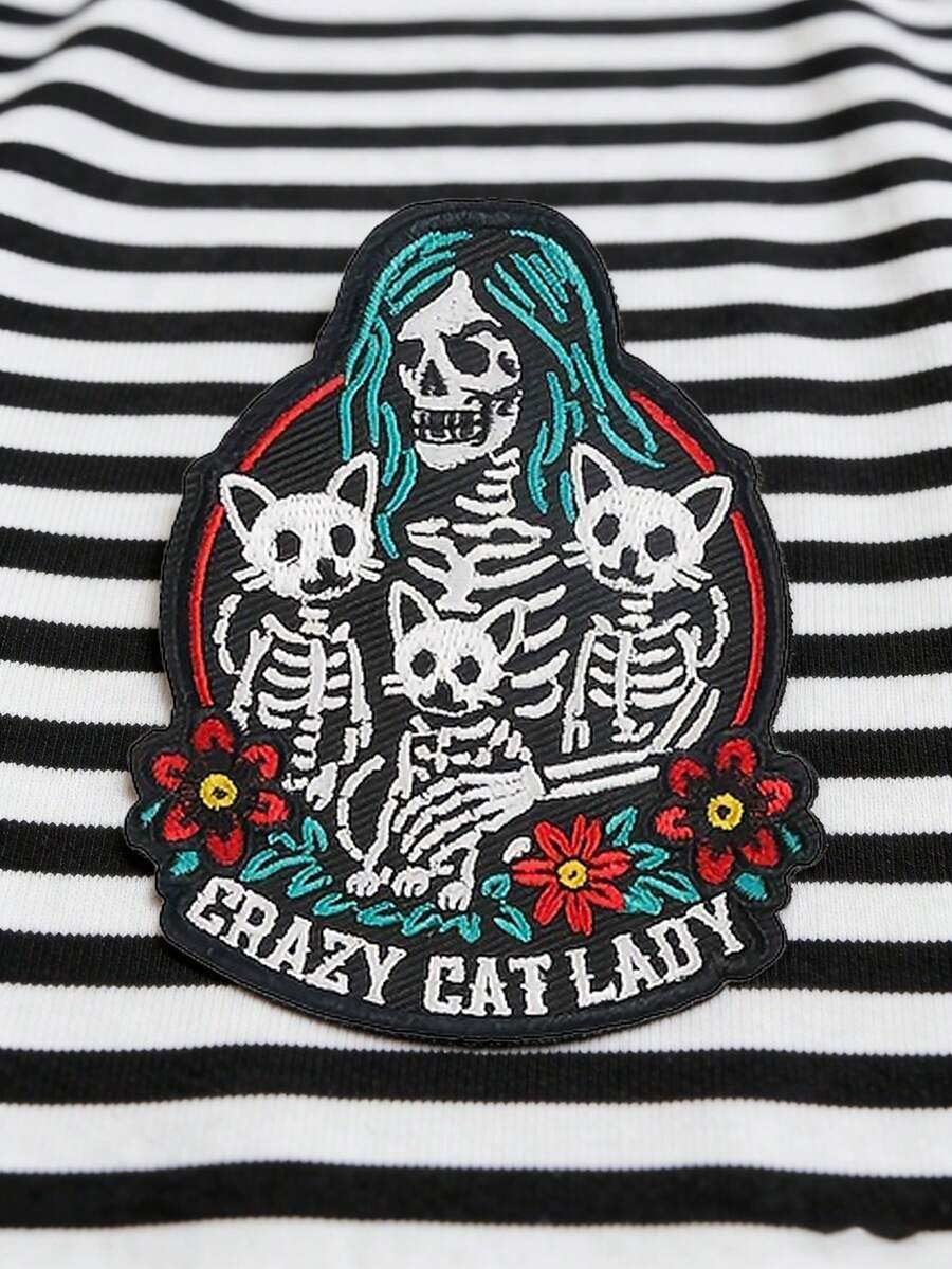 1pc Gothic Alien Embroidered Patch, Skull Woman & Cat Skeleton Design, Crazy Cat Gothic Punk Style Skull, Iron-On Sturdy Embroidered Patch Suitable For Clothes, Jackets, Hats