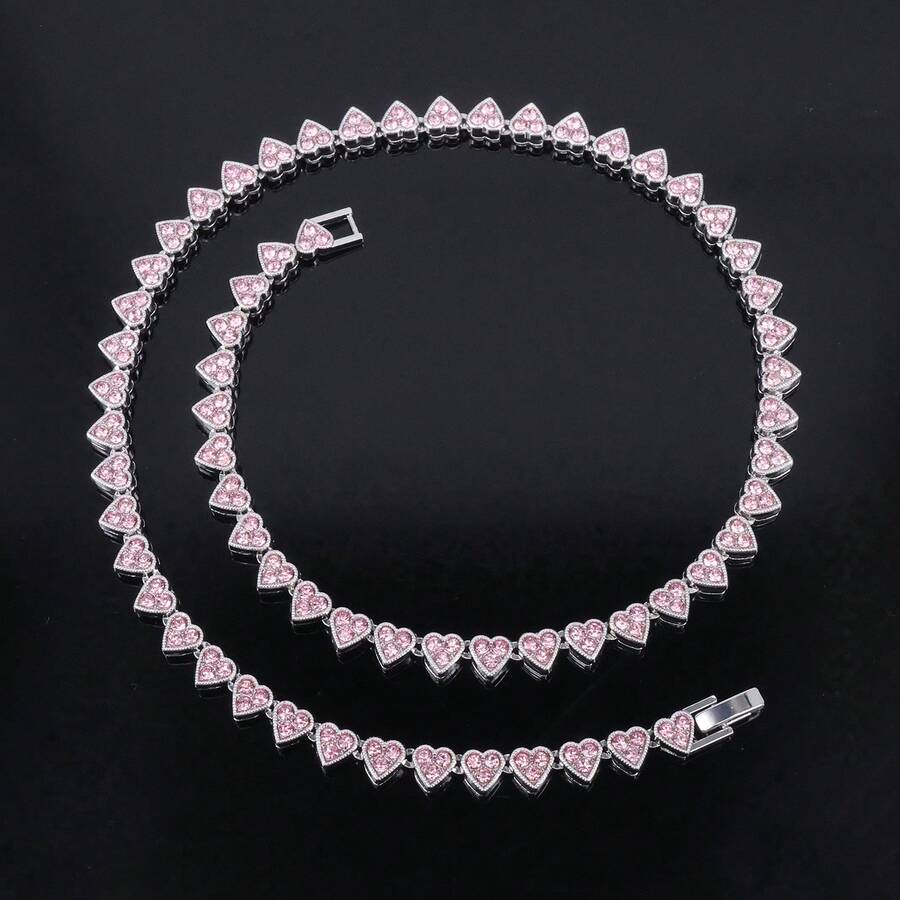 6mm Love Heart-Shaped Zirconium Men's And Women's Hip-Hop Clavicle Chain Jewelry - Hồng - Xem 1