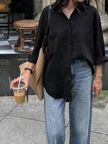Women's Daily Commute Oversized Button Down Shirt 2026 Fall Spring Lapel Neck Long Sleeve Loose Fit Longline Shirt For Office Wear Layering Outing - Black - View 5