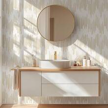 米色条纹壁纸，几何图案自粘壁纸，金色贴纸，米色自粘可移除壁纸，适用于浴室橱柜和厨房 - 1PC - 查看 8