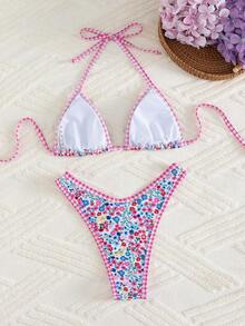 女士格子碎花吊带比基尼套装，乡村风格子碎花拼接吊带露背泳衣，饰有蝴蝶结，休闲沙滩度假女士泳装，透气弹力面料，适合海滩、音乐节、狂欢节、情人节等场合，女士沙滩装，夏季女士比基尼沙滩装，女士泳衣，夏季度假装 - 彩色 - 查看 4