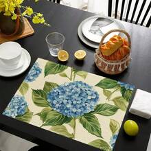 4/6/8 Piezas Set, Manteles individuales de Hortensia, Decoración de Fiesta, Manteles de Mesa de Comedor (Lino), Posavasos Lavables Impresos, Protectores de Superficie, Decoración Ideal para Reuniones Festivas en la Cocina y el Hogar - Multicolor - Ver 2
