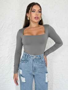 Women's Second Skin Bodysuit With Square Neckline And Long Sleeves - Basic - Blogger Style - Grey - View 2