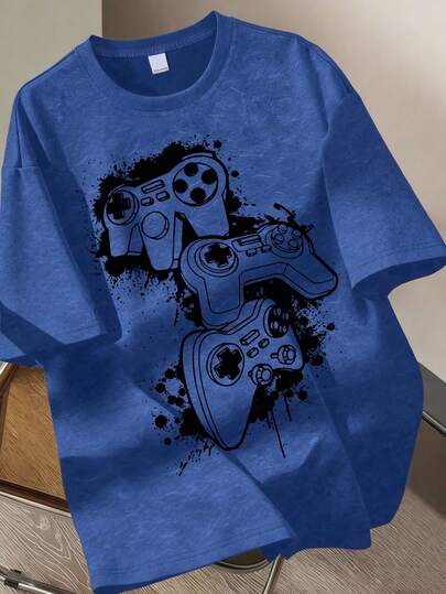 Camiseta de jugador lavada en azul para niños adolescentes, con estampado de graffiti de control de videojuegos, de corte holgado casual, adecuada para la escuela, salir con amigos, uso diario casual