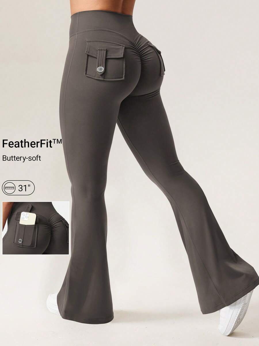 Flare Leggings With Pockets For Women Butt Lifting Gym Yoga Leggings Flare Leggings Joggers For Women Summer Pants For Women - 灰咖 - 查看 1