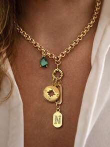 1PC Gold Donut Shaped A-Z Letter Necklace With Compass And Green Diamond Chain, Unique Luxury Style, Suitable For Women's Daily Work Decoration - Yellow Gold - View 13