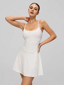 MASKERT High Elasticity Skin-Friendly Women Tennis Dress Jumpsuit, Running Fitness Yoga Outfit, Casual Sportswear Dress - White - View 5