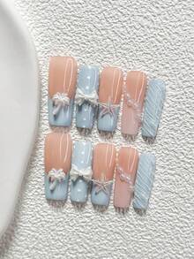 10片夏季度假風手工穿戴甲 Polygel 凝膠美甲套組，椰子樹、蝴蝶結、海星、珍珠、波點設計，藍色指甲油，甜美優雅法式風，含美甲工具，3種尺寸可選，杏仁形、鴨嘴形、棺材形，適合派對、跳舞、日常配戴 - 彩色 - 查看 14