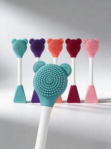Cepillo de lámina facial de limpieza de dos cabezas de silicona, 1 pieza Cepillo de limpieza facial de masaje en forma de oso pequeño Herramienta de maquillaje de aplicación de película de barro DIY - Rosa - Ver 5