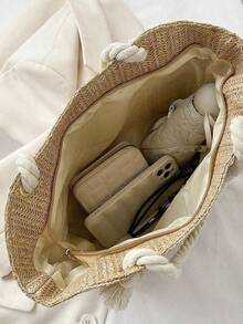 Summer Beach Vacation Stylish Large Capacity Straw Tote Bag, Fashionable Casual Shoulder Bag - Khaki - View 6