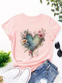 [Plus Size Heart Flower T-Shirt] Fashionable Round-Neck T-Shirt With Short Sleeves And Heart Flower Design In Plus Size - 白色 - 查看 9