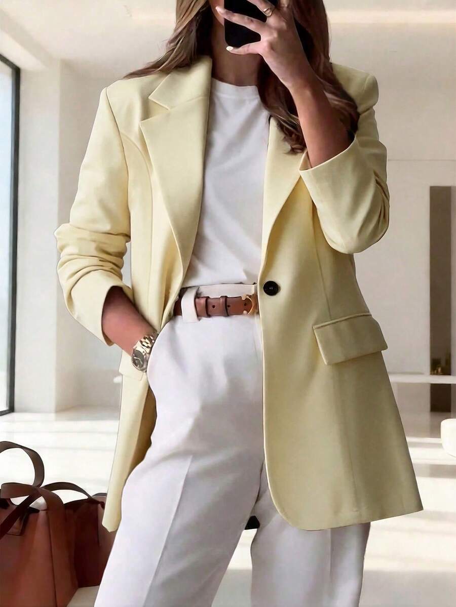1 chiếc áo khoác blazer nữ thời trang đa năng, màu trơn, dáng rộng, có túi, cổ ve áo, nhẹ, thích hợp cho mùa xuân và mùa hè. - Màu vàng - Xem 1