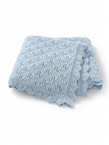 1件婴儿纯棉镂空针织毯，波浪蕾丝婴儿襁褓毯，婴儿车空调毯，四季皆宜 - 淺藍 - 查看 1