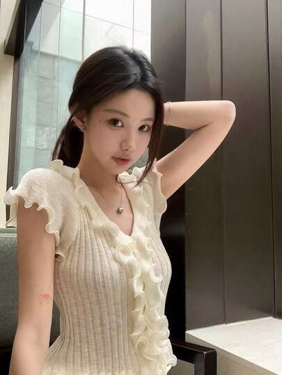 Áo dệt kim tay ngắn ôm dáng viền bèo nhún dành cho nữ, áo khoác cardigan dệt kim nhẹ cho mùa xuân/hè.