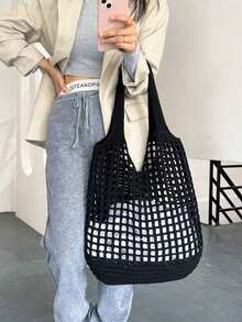 ENBEI Women's Minimalist Large Capacity Hollow Woven Tote Bag/Beach Bag, Lightweight Foldable Large Capacity Handbag, Lunch Bag, Suitable For Work, Travel, Graduation, Teenage Girls, College Freshmen, University Students, High School Students, Paired With Women's Vacation Outfits Handbag, Also Can Be Used As Valentine's Day Gift, Mother's Day Gift, Holiday, Vacation, Woven Bag - 黑色 - 查看 10