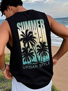 1pc Men's Summer Casual Coconut Tree & English Print Round Neck Tank Top - Black - View 2