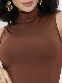 Women's Tight Blouse High Neck Suplex Tank Top Bottle Cacharrel - 棕色的 - 查看 5