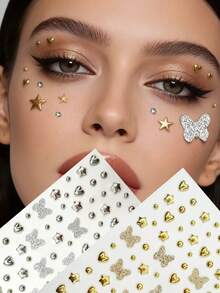 1pc/2pcs Gold & Silver Heart Butterfly Round Clip-On Fake Nose Stud, With Self-Adhesive Rhinestone, Non-Piercing, 3-6mm, Comes With Glitter Butterfly, DIY Design, Body Jewelry, Face Sticker Suitable For Eyebrows, Lips - Gold - View 3