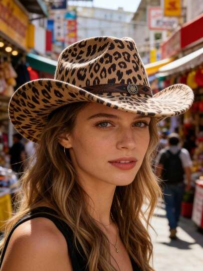 Mũ lưỡi trai denim họa tiết da báo - Phong cách miền Tây - Thích hợp cho các buổi tụ họp và dã ngoại ngoài trời - Mũ chống nắng - Thiết kế vành rộng - Mũ lưỡi trai denim thời trang dành cho nữ - Mũ có họa tiết dệt trang trí