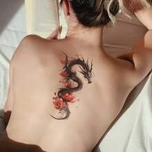 1pc Colorful Fresh Realistic Dragon & Red Floral Temporary Tattoo Sticker, Waterproof Long-Lasting Durable Fake Tattoo, Fashionable Body Art For Men & Women, Applicable To Arm, Shoulder, Abdomen, Waist, Leg - Halloween - View 3