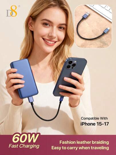 Cable de carga tipo C de cuero genuino D8, (60W /0,2m) Cable USB A a USB C compatible con iPhone 17/16/16 Pro/16 Pro Max/15, Galaxy A10e A20 A50 A51 A71, S20 S10 S9 S8 Plus, Note 9 8, A11 A20 A51, G6 G7 V30 V35, Moto Z2 Z3 Cable de carga para iPhone 16 y Galaxy S20 Cable USB C de 60W de carga rápida, cable USB C corto y duradero para viajes, cable USB A a USB C para iPhone y Android