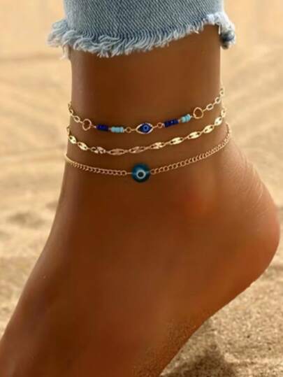 Bộ 3 vòng đeo chân hình mắt quỷ màu xanh dương dành cho nữ, hoàn hảo cho những chuyến đi nghỉ mát ở bãi biển.