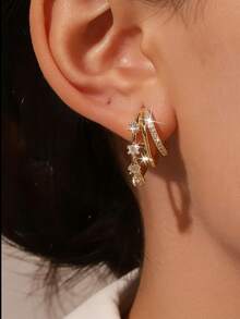 2 piezas Pendientes de aro doble, diseño de línea geométrica minimalista, pendientes de uso diario versátil para mujeres - Dorado - Ver 4