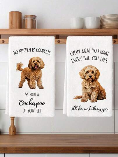 2 chiếc khăn lau bếp hình chó Cockapoo ngộ nghĩnh - Khăn lau bát đĩa bằng polyester bền chắc với thiết kế đáng yêu, quà tặng cho người yêu chó, khăn lau bát đĩa dệt siêu mềm, có thể giặt máy, lý tưởng cho quà tặng ngày lễ và trang trí nhà cửa.