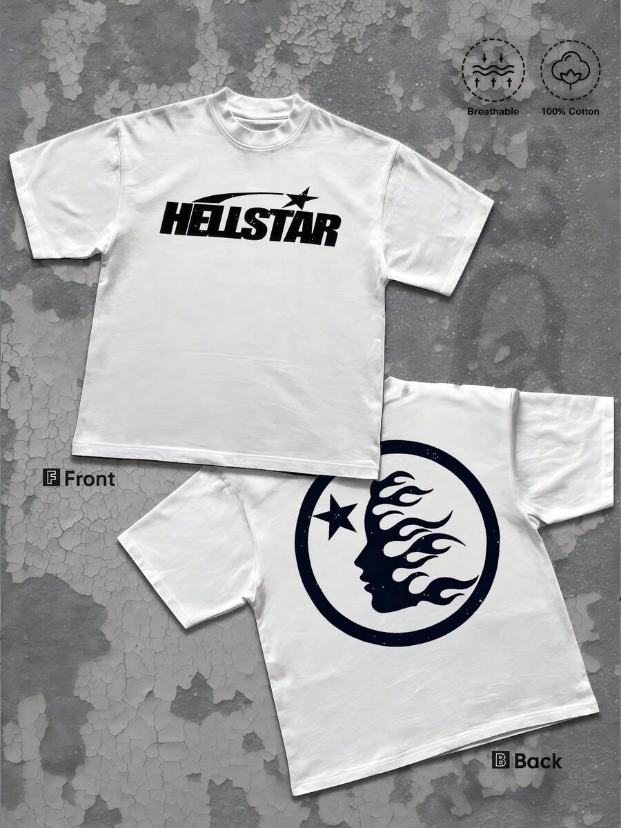 1Pcs Double Sided Star Flame Graphic Casual Street Tee Men's Oversized Vintage 100% Cotton Short Sleeve T Shirt Cosmic Face Printed T Shirt Summer Y2K Streetwear - 白色 - 查看 1