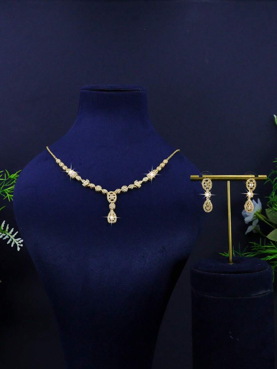 3pcs 18K Gold-Plated Luxury Royal Style Geometric Tassel Design Bridal Wedding Jewelry Set, Handset White Cubic Zirconia, Suitable For Daily Wear And Wedding, Wedding Anniversary Gift - Gold - View 1