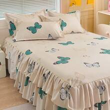 3pcs Minimalist Modern Floral Pattern Double Ruffle Bed Skirt Set, Bedroom Bedding (1 Bed Skirt, 2 Pillowcases, No Inner Core) - Champagne - View 3