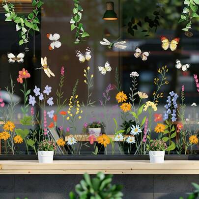 Hình dán cửa sổ hoa và bướm mùa xuân - Hình dán hoa dại có thể tháo rời, không cần keo dán, tranh dán tường cây xanh tự nhiên và chuồn chuồn, thích hợp cho nhà bếp, phòng ngủ, phòng khách.