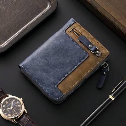 Colorblock PU Leather Wallet, Multifunction Card Holder Zipper Wallet, Ideal Gift For Father, Husband, Boyfriend On Birthday, Holiday, Anniversary