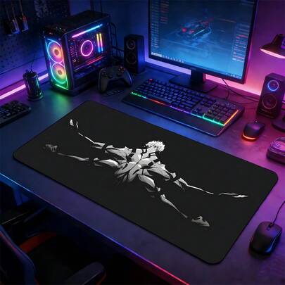 YUFZX Tappetino mouse da gioco extra large con personaggio anime monocromatico bianco e muscolare, grande tappetino da scrivania con base in gomma antiscivolo, bordo cucito lavabile, adatto per setup da gaming, ufficio domestico, regalo ideale per appassionati di anime e estetica dark