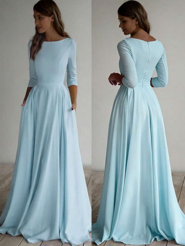 Elegante, effen gebreide jurk met plooien voor een bruiloftsgast - Baby blauw - Bekijken 1