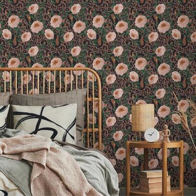 Giấy dán tường họa tiết da báo hồng, giấy dán tường hoa hồng, giấy dán tường lá cây cho phòng ngủ bé gái, giấy dán tường vinyl tự dính có thể tháo rời cho phòng tắm, tủ, ngăn kéo, lót tường.