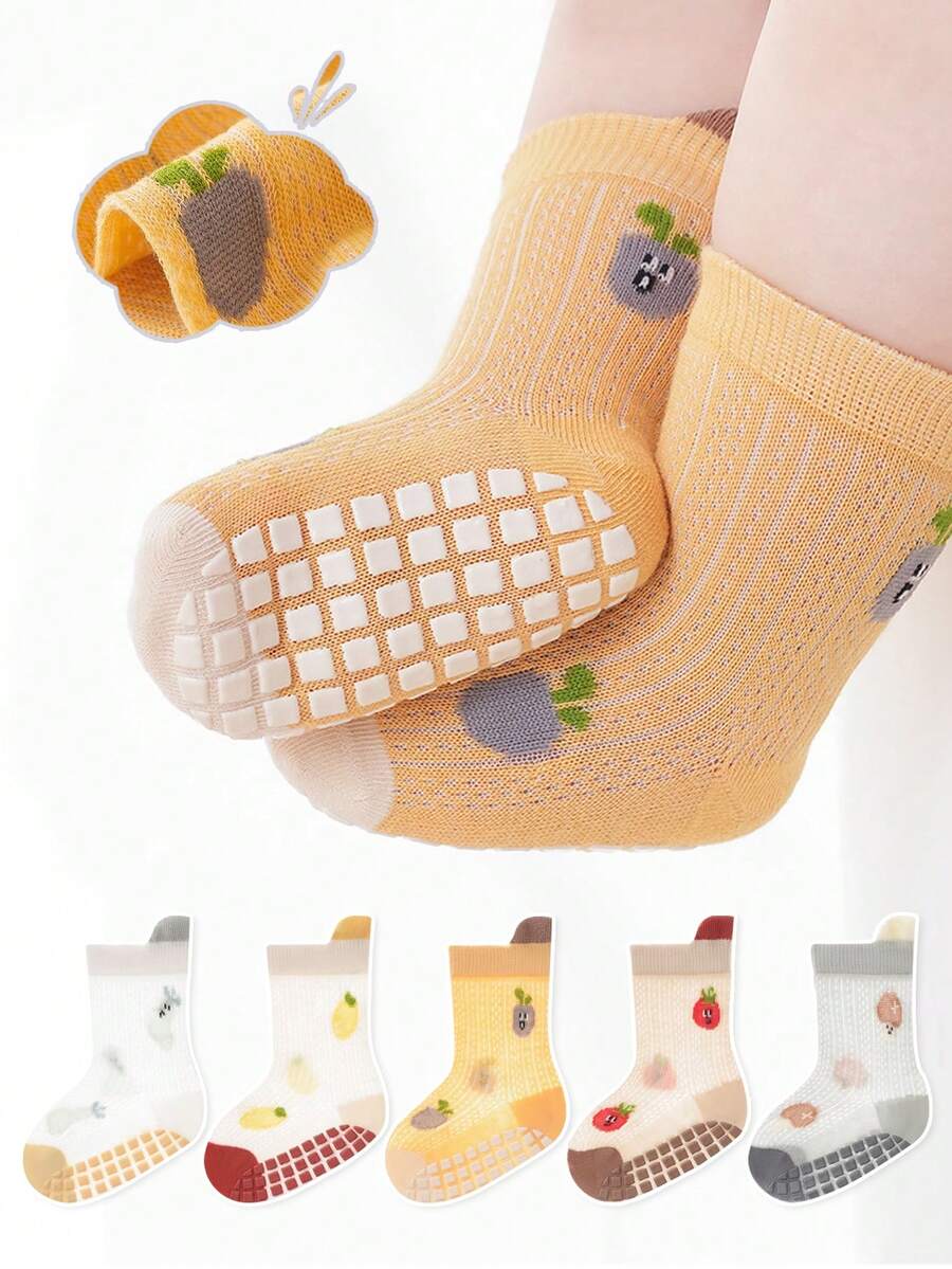 5 Pairs Cartoon Vegetable & Fruit Dotted Anti-Slip Soft Bottom Indoor Floor Socks, Breathable Mesh Baby Toddler Shoes, Suitable For Daily Wear - Multicolor - View 1