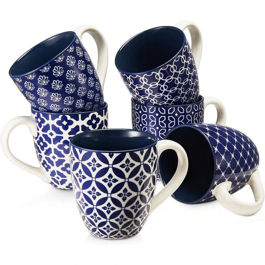 DOWAN Kaffeetassen Set, 6 x 560 ml Kaffeebecher Porzellan, Große Tassen im Chinesischen Traditionellen Musterstil für Kaffee, Milch, Tee & , Coffee Mug Mehrfarbig - Blau und Weiß - Übersicht 1