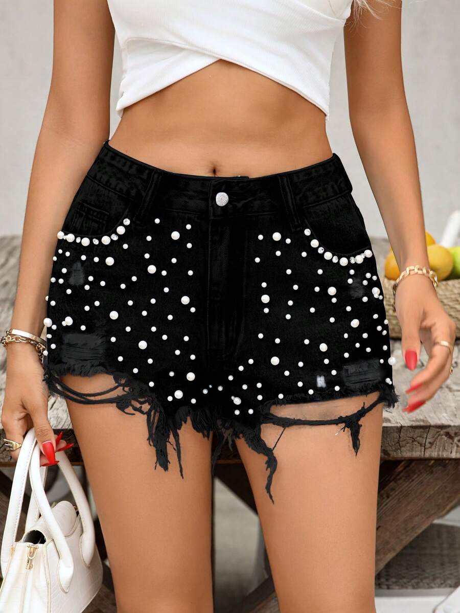 Pantalones cortos vaqueros con flecos de perlas para mujer, versátiles, de moda, para festivales de música, que estilizan y alargan las piernas, casuales, sexys, para fiestas, vacaciones, uso diario, fiestas de cumpleaños, fiestas de solteros, viajes, aeropuerto, primavera/verano, color negro - Negro - Ver 1