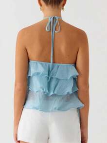 Women Ruffle Halter Tie Neck Crop Top Chiffon Frill Trim Spaghetti Sleeveless Backless Ruffle Layered Hem Cami Top Summer Going Out Tops - Blue - View 6