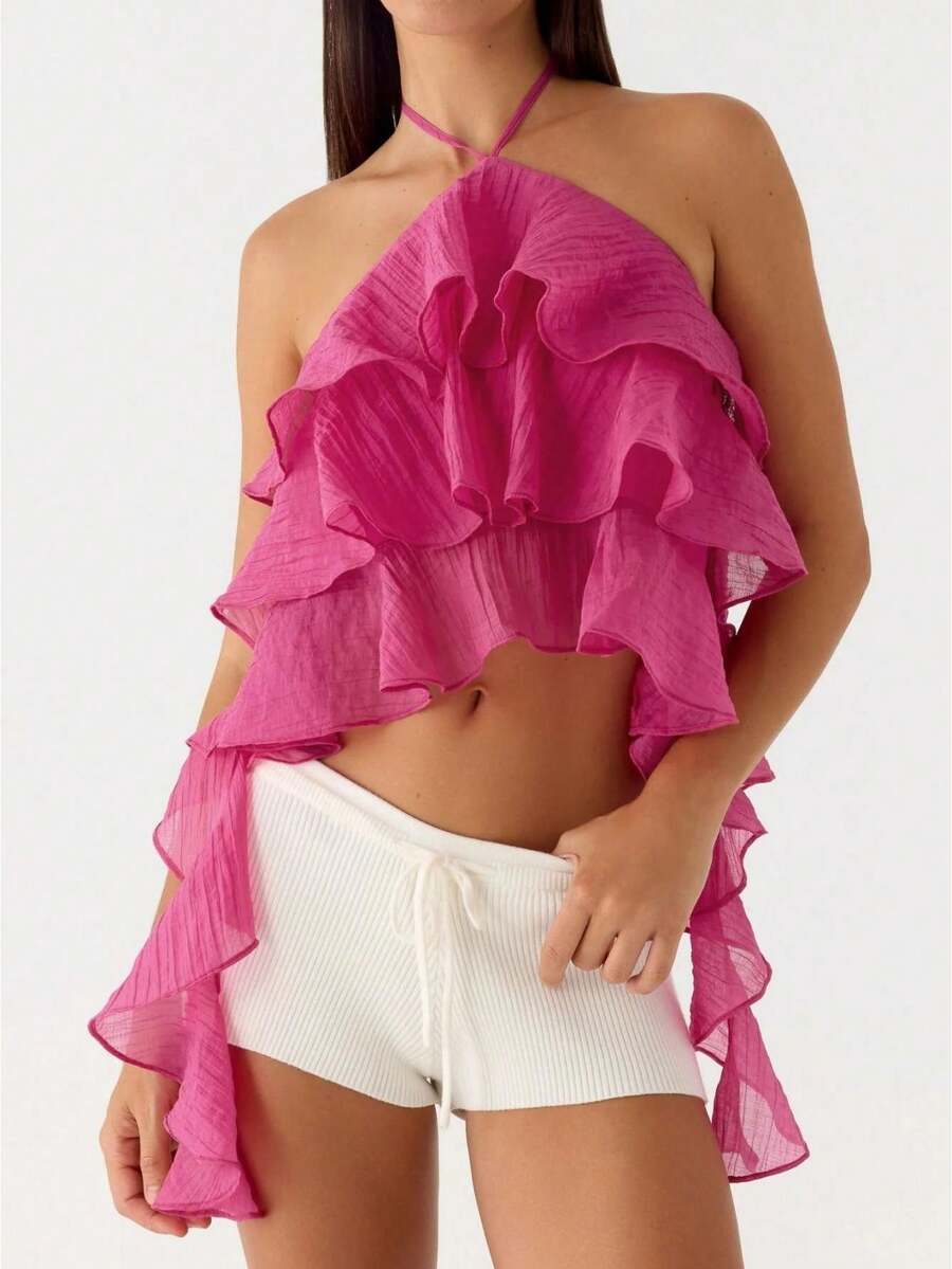 Women Ruffle Halter Tie Neck Crop Top Chiffon Frill Trim Spaghetti Sleeveless Backless Ruffle Layered Hem Cami Top Summer Going Out Tops - 玫紅色 - 查看 1
