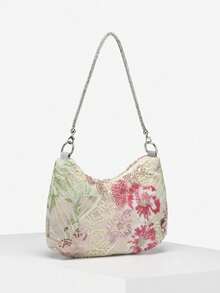 1件女士简约闪亮水钻网纱亮片刺绣3D立体花卉粗手链，搭配优雅新月形腋下手拿包，适合外出、约会、派对等场合。 - 彩色 - 查看 2