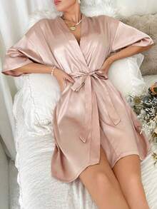 1pc Women's Solid Color Elegant Tie-Front Robe, Sexy Short Satin Silk Soft Sleepwear, Suitable For Brides, Bridesmaids, Home Wear. Wedding Season Short Dress, Letter Pattern, Kimono And Nightgown. - Dusty Pink - View 4