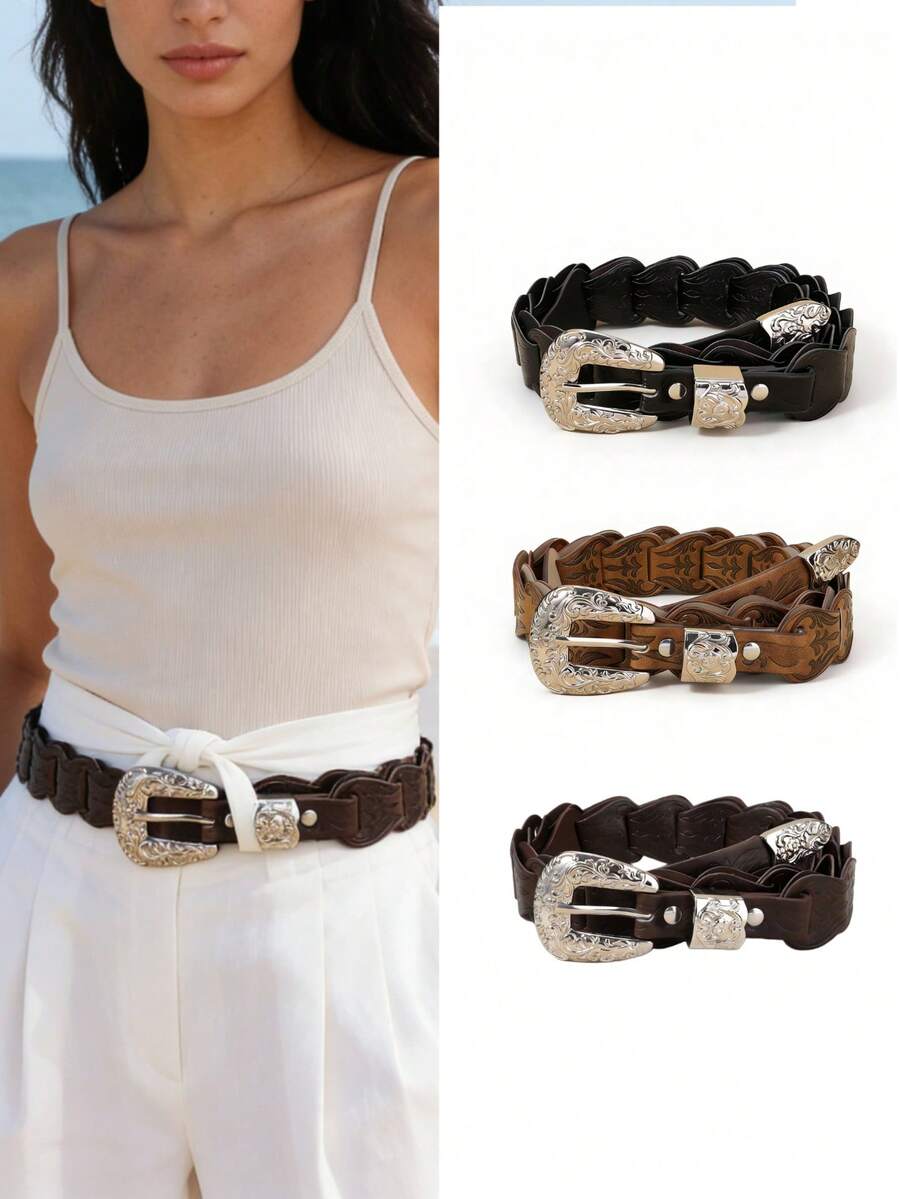 1pc Unisex Embossed Leather Woven Splice Skinny Belt, Casual Slim Waist Belt With Floral Silver Western Buckle, Fashionable Retro Cowgirl Denim Style Country Leather Belt - Dark Brown - View 1