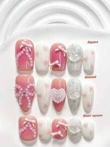 10pcs/Set Valentine's Day Handmade Nail Art Kit, Includes White Flower & Bow Decor, White & Red Gel Nails, French Polka Stickers, Heart Painting, Silver Beads Embedded, 3 Sizes Available: Almond/Square/Coffin Shape, With Set, Suitable Sweet Ladies & Girls, Valentine's Day/Party/Daily Wear Nail Supplies Handmade Press On Nails - 多色 11 - 查看 2