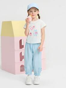 Balabala 女童短袖荷叶边领上衣搭配蝴蝶结下摆休闲裤两件套夏季套装 - 米白 - 查看 3