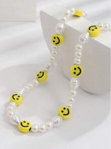 1件欧美简约百搭单层不对称珍珠项链，柔软陶瓷黄色笑脸拼接巴洛克珍珠项链，男士款 - 白色 - 查看 2
