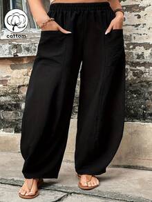 Plus Size Women's Casual Loose Straight Leg Pants, Suitable For Spring, Autumn, Holidays, Vacations, Daily Wear, Dates, Travels, Stages, Concerts, Airports, Made Of Woven Fabric Black - Black - View 2