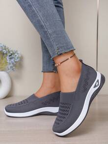 Van Skr 新款春夏针织网面女鞋，透气软底一脚蹬乐福鞋，轻便舒适休闲运动鞋 - 深灰色 - 查看 6